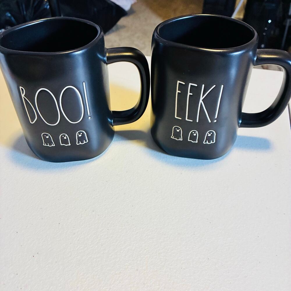 Rae Dunn BOO EEK Halloween Mugs Set 2 Black Ghost Artisan Collection Magenta